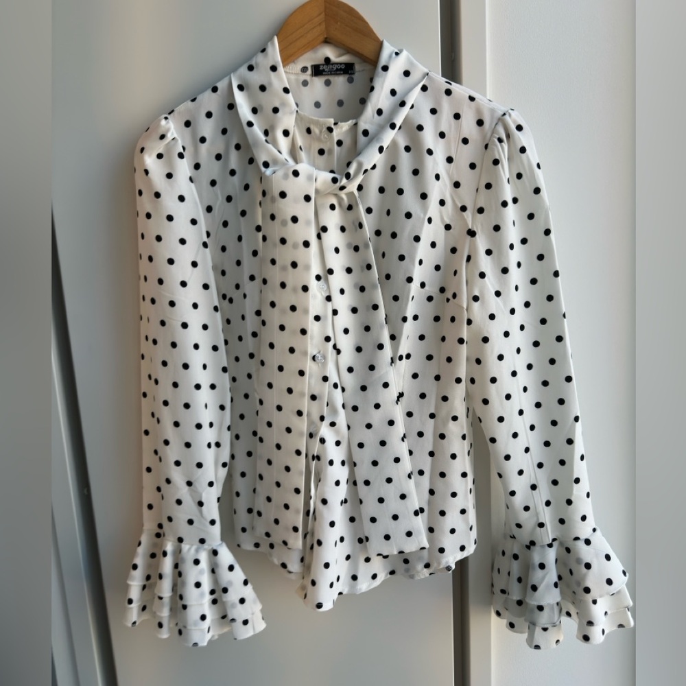 White Polka Dot Blouse with Ruffle Sleeves